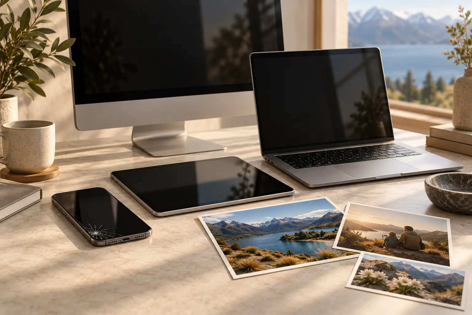 Illustrative phone, tablet, laptop and desktop computer beside photographs of New Zealand scenery and a family